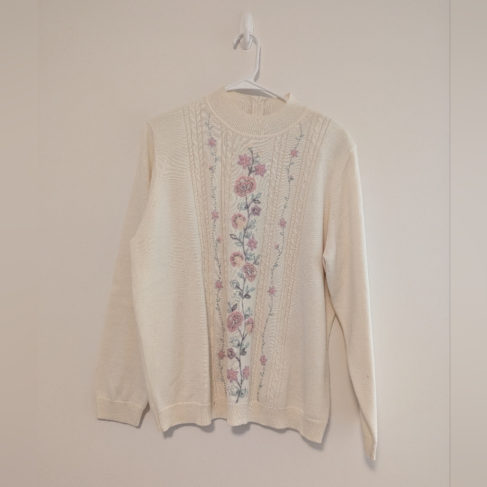 Embroidered Flower Vine Mock Neck Knit Sweater Womens XL By Alfred Dunner